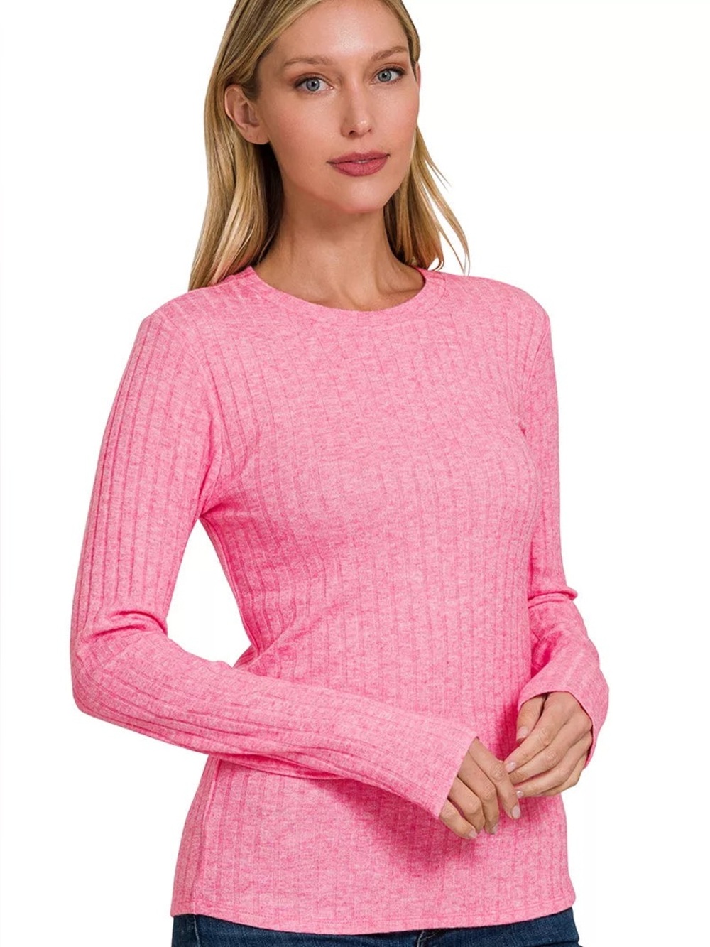 Zenana Ribbed Long Sleeve Top - Pink